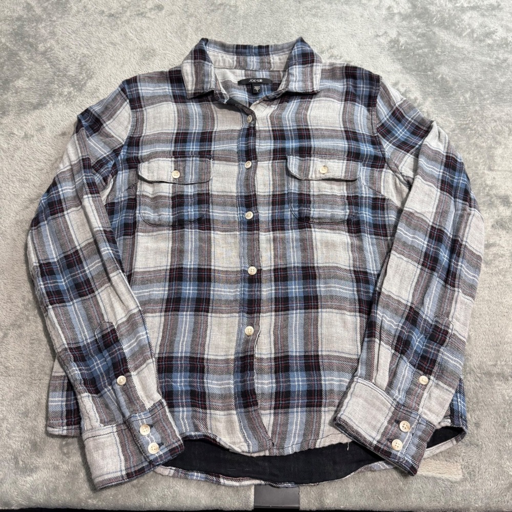 Joe's Jeans Double Lined Plaid Flannel Button Down Shirt Blue Grey Small
